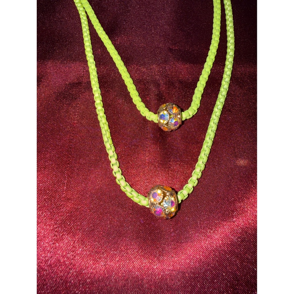 Neon Lime Green Double Strand Rhinestone Slide Bead Layered Necklace Gold Tone